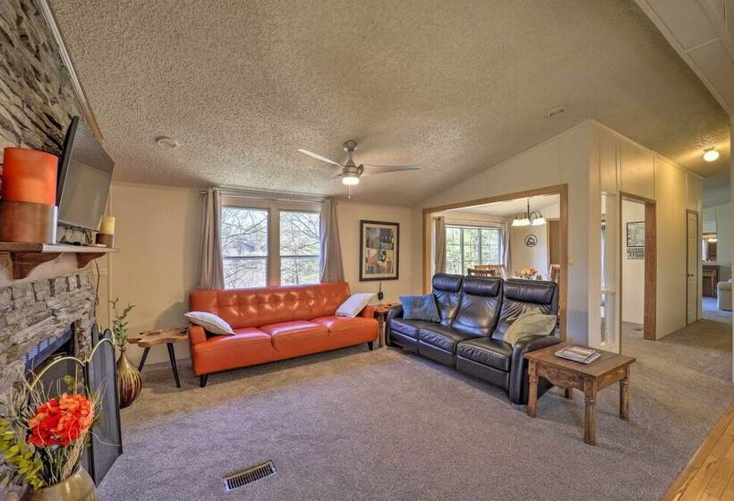 Deck + 2 Fire Pits: Riverfront Spruce Pine Rental!