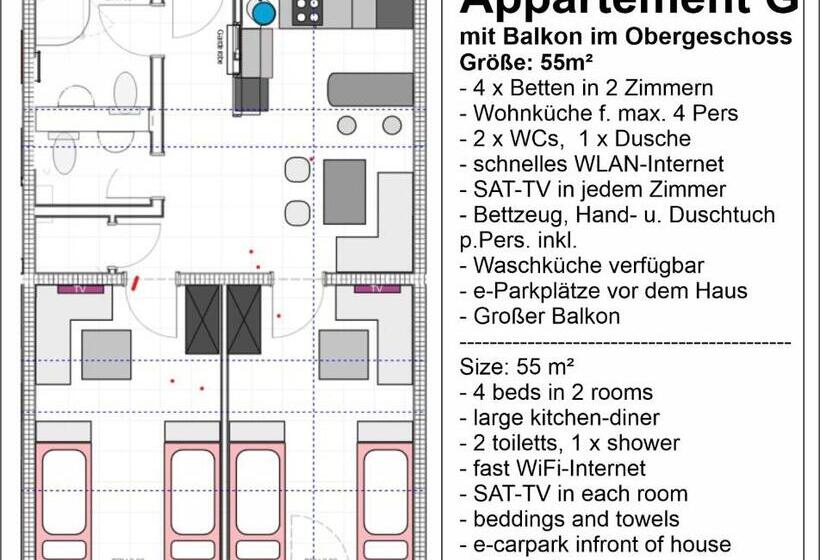 Appartementhaus Am Kornfeld 10 Apartments, 40 Betten, Raucher Balkon, Waschraum
