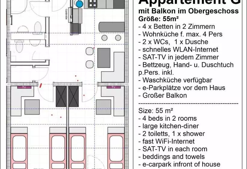 Appartementhaus Am Kornfeld   10 Apartments, 40 Betten, Raucher Balkon, Waschraum