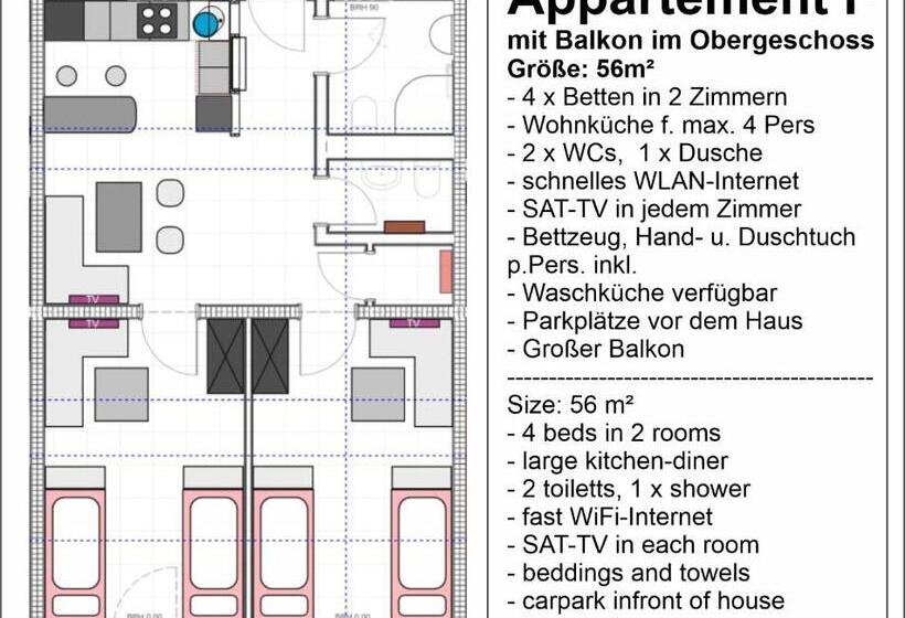 Appartementhaus Am Kornfeld 10 Apartments, 40 Betten, Raucher Balkon, Waschraum