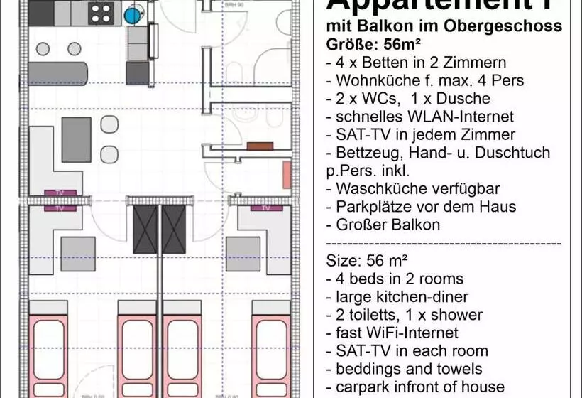 Appartementhaus Am Kornfeld   10 Apartments, 40 Betten, Raucher Balkon, Waschraum