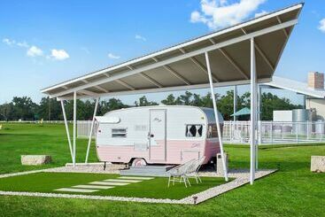 Blue Skies Retro Resort Pool Fireplace