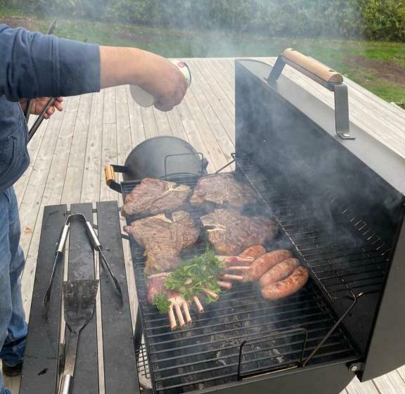 Sjöutsikt, Röd Trästuga Med Traditionellt Yttre Skandinavisk, Modernt Inre Och Alla Bekvämligheter