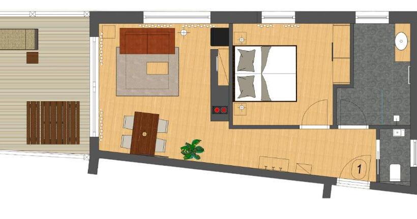 آپارتمان 1 خوابه با تراس, Kastelart Karbon