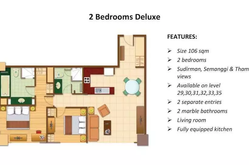 ２ベッドルームデラックスアパートメント, The Mayflower, Jakarta Marriott Executive Apartments