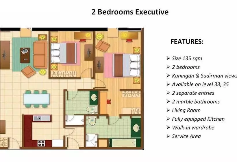 ２ベッドルームのエクゼクティブアパートメント, The Mayflower, Jakarta Marriott Executive Apartments