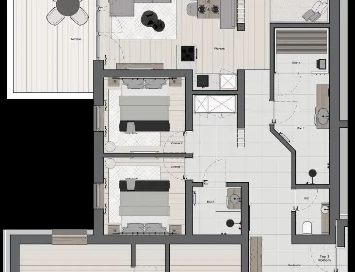 آپارتمان 1 خوابه با تراس, Jaggling Appartements