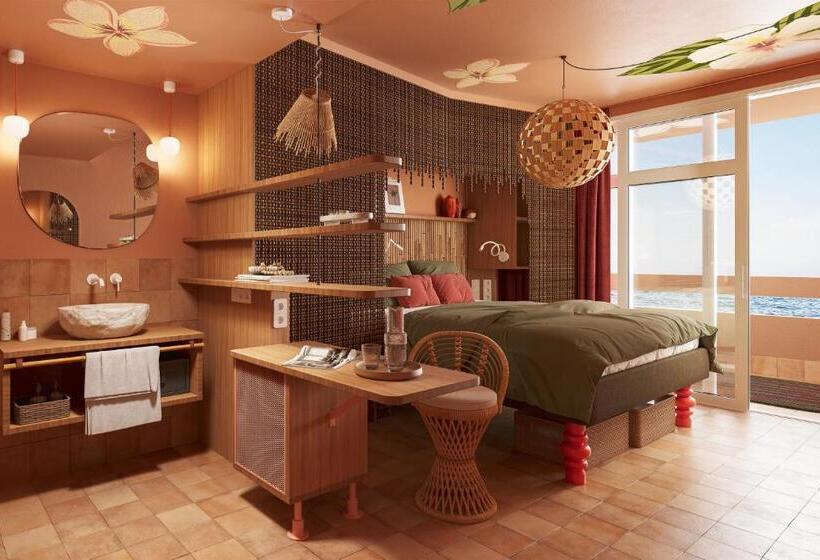 غرفة قياسية مطلّة علي البحر مزوَّدة بشُرفة, Bikini Island & Mountain Hotel Es Trenc Adults Only